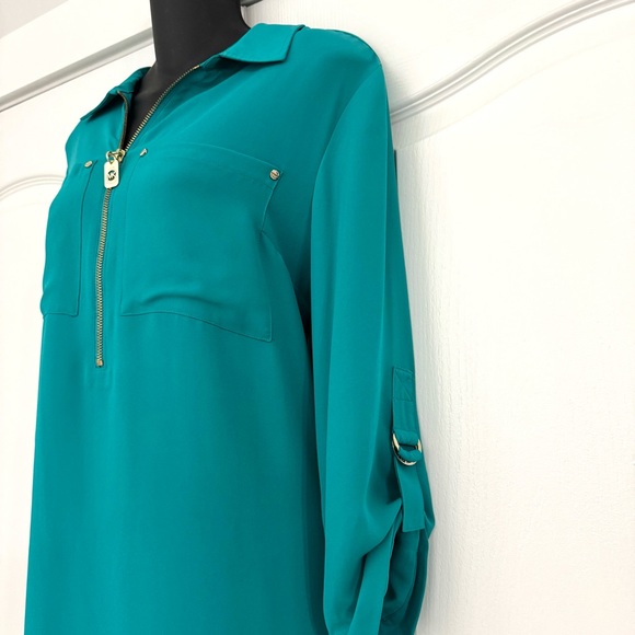 Michael Kors Teal Blue Green Zip Blouse Gold Detail Size Large - Picture 7 of 7